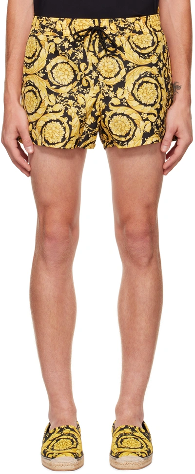 Versace Black Barocco Swim Shorts In Yellow