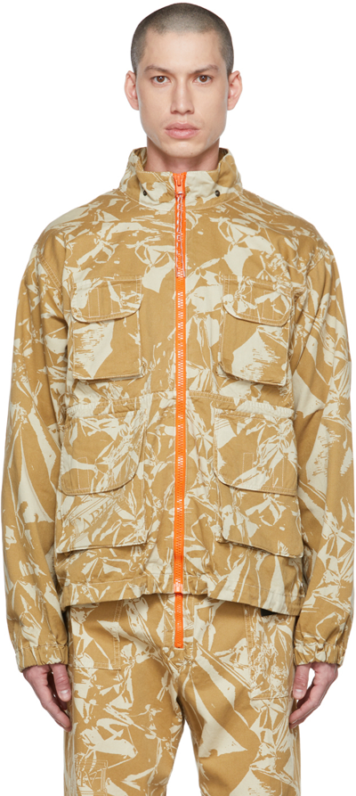 Aries Cotton Crinkle Camo Removable Hood Cargo Jacket In Beige