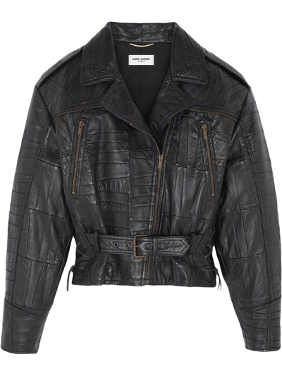 Saint Laurent Patchwork-detail Biker Jacket In Black