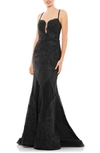 Mac Duggal Embroidered Plunge Neck Trumpet Gown In Black