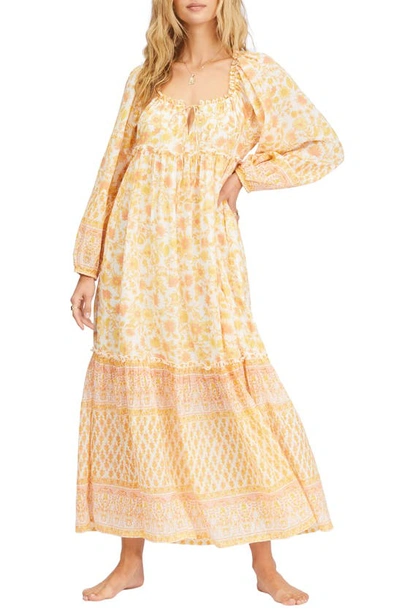 Billabong Endless Sunset Floral Print Ruffle Long Sleeve Cotton Maxi Dress In Yellow Multi