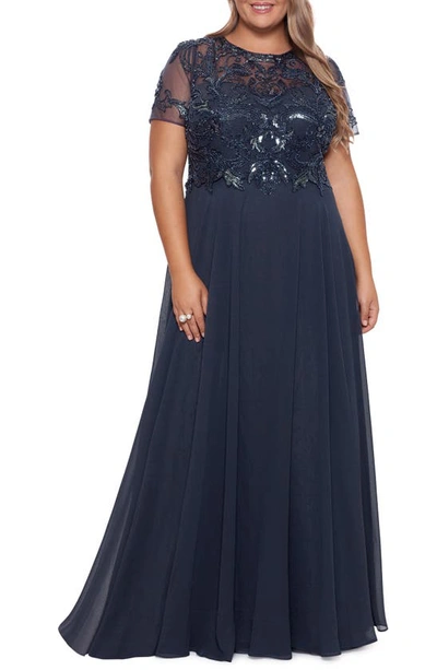 Xscape Plus Size Embellished Chiffon Ball Gown In Charcoal