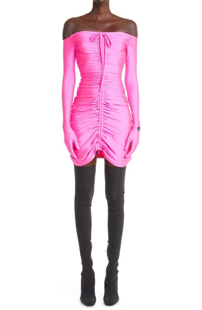 Richard Quinn Ruched Glove Sleeve Off The Shoulder Dress In Fuchsia Pink
