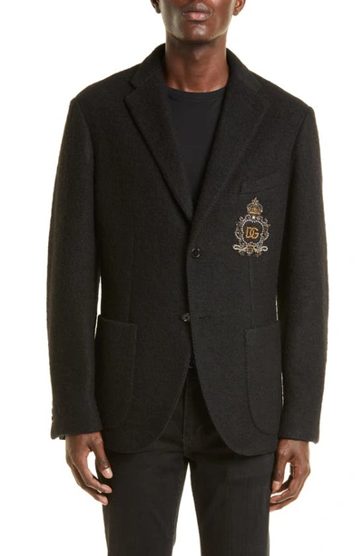 Dolce & Gabbana Embroidered Crest Wool Blend Sport Coat In Black