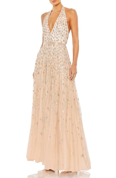 Mac Duggal Floral Sequin Plunge Neck A-line Gown In Blush