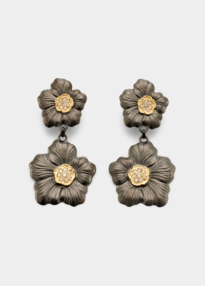 Buccellati Blossom Gardenia Burnished Silver, Gold, Brown Diamond Pendant Earrings
