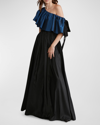Zac Posen Two-tone Taffeta One-shoulder Ruffle Gown In Midnightblack