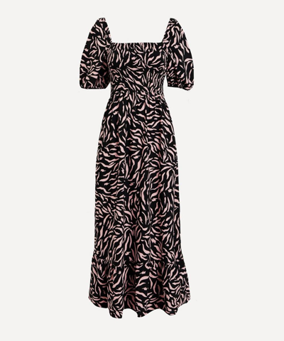 Scamp & Dude Zebra Print Shirred Midi-dress In Black