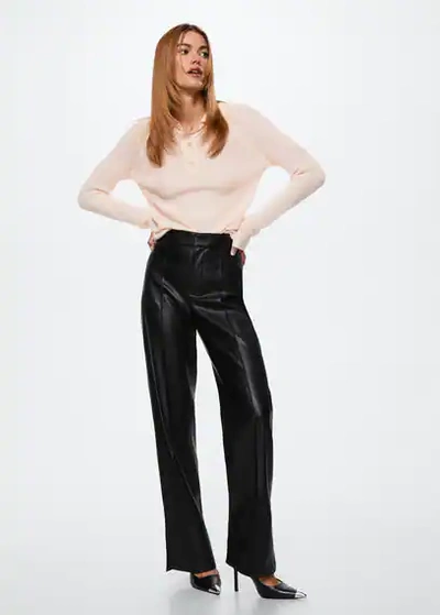 Mango Leather-effect Straight Trousers Black