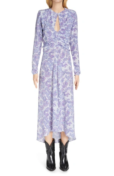 Isabel Marant Telima Paisley Print Long Sleeve Stretch Silk Midi Dress In Ice Blue