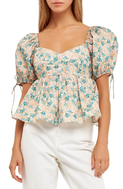 English Factory Floral Puff Sleeve Cotton Top In Green Multi