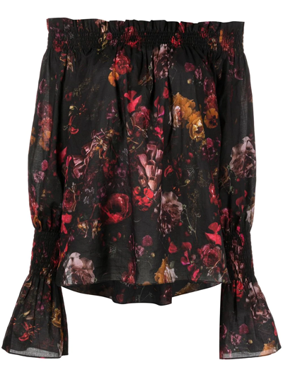Adam Lippes Floral-print Off-shoulder Blouse In Red