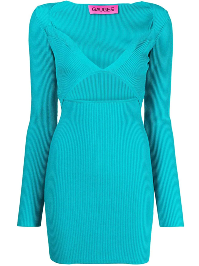Gauge81 Otero Ribbed Cut-out Long Sleeve Mini Bodycon Dress In Turquoise