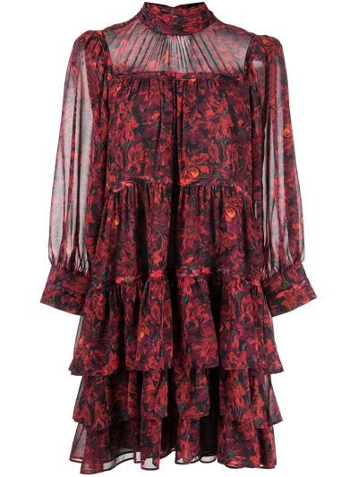 Cinq À Sept Floral-print Tiered Dress In Red