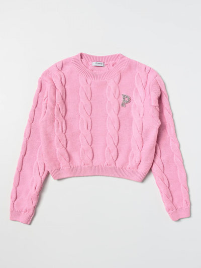 Pinko Kids' Logo-embellished Cable-knit Jumper In Pink