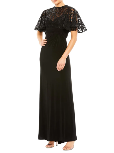 Mac Duggal Embellished Butterfly Cape Sleeve Jersey Gown In Black
