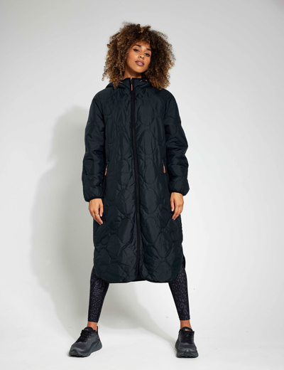 Goodmove Quilted Fleece Lined Hooded Longline Parka In Black