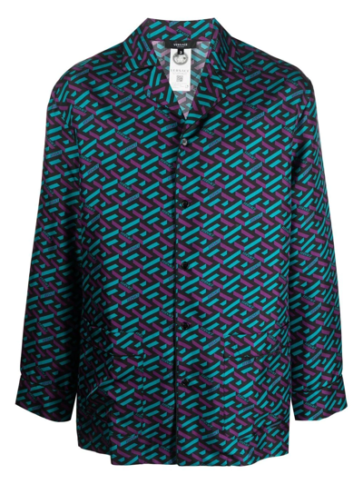 Versace La Greca Silk Pyjama Top In Green