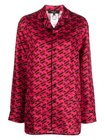 Versace Greek Signature Silk Pajama Top In Parade Red Fuchsia