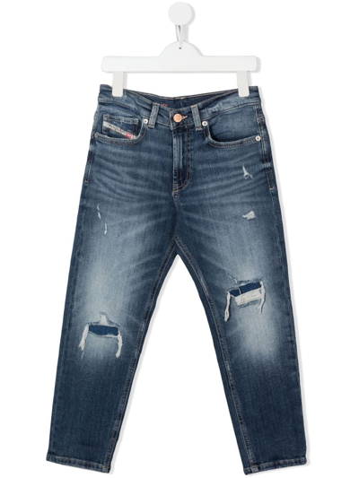 Diesel Kids' Straight Jeans With A Worn Effect In Blu