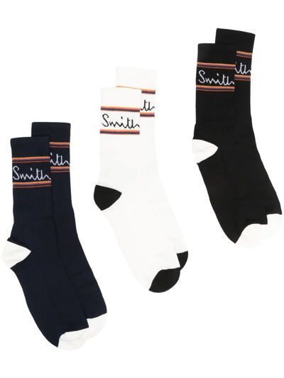 Paul Smith Three-pack Intarsia-knit Logo Socks In Blue