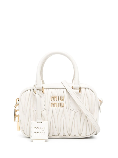 Miu Miu Matelassé Logo-plaque Tote Bag In White
