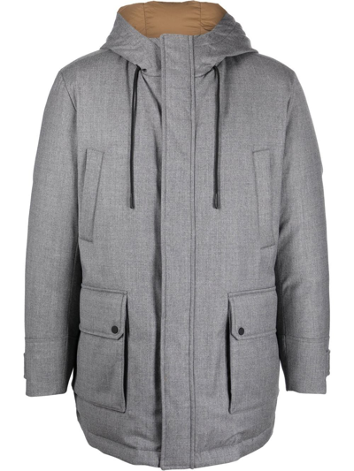 Peserico Long Down Jacket In Soft Technical Pure Wool Flannel In Grigio