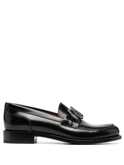 René Caovilla Calfskin Strass Snake Penny Loafers In Black