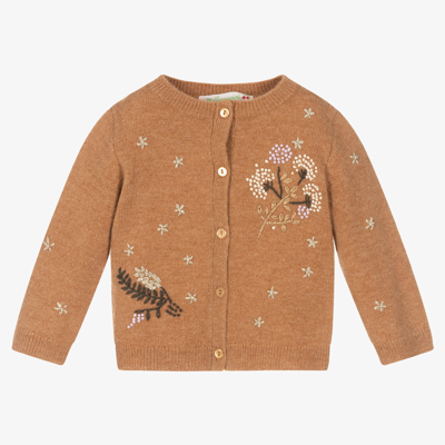 Bonpoint Babies' Floral-embroidered Wool Cardigan In Brown