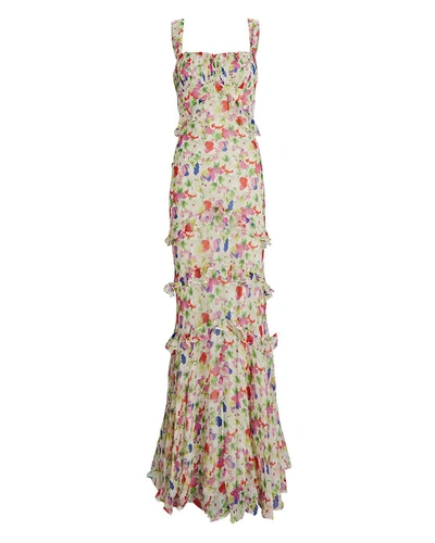 Saloni Chandra Ruffled Floral-print Plissé Silk-georgette Maxi Dress In Multi