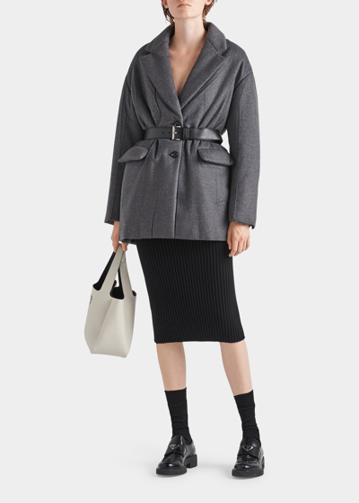 Prada Single-breasted Belted Cashmere Padded Jacket In Slate Gray