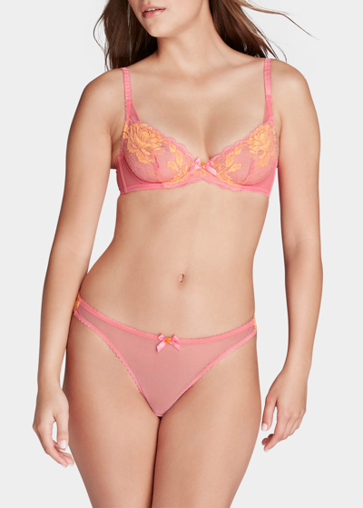 Agent Provocateur Yara Mesh Floral Lace Thong In Pink / Orange