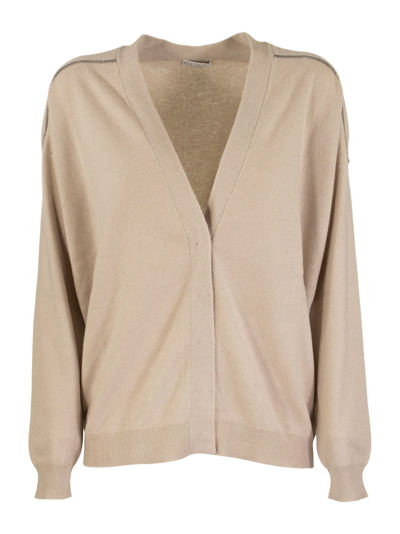 Brunello Cucinelli Cashmere Cardigan With Shiny Shoulder Embroidery In Beige