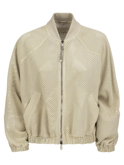 Brunello Cucinelli Perforated Suede Jacket With Monile In Light Beige