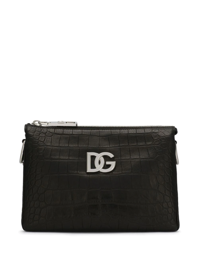 Dolce & Gabbana Logo-plaque Crocodile-embossed Crossbody Bag In Black