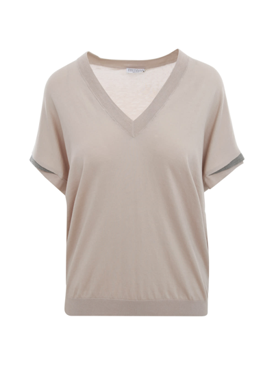 Brunello Cucinelli Cotton V Neck Sleeveless Sweater In Stony Ground
