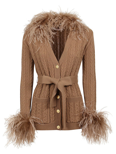 Valentino Belted Feather-trimmed Cable-knit Wool Cardigan In Beige