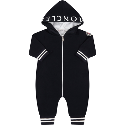 Moncler Blue Romper For Baby Boy With Logo Patch