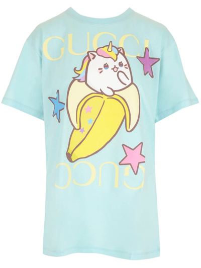 Gucci X Bananya Mirrored Logo-print T-shirt In Blue