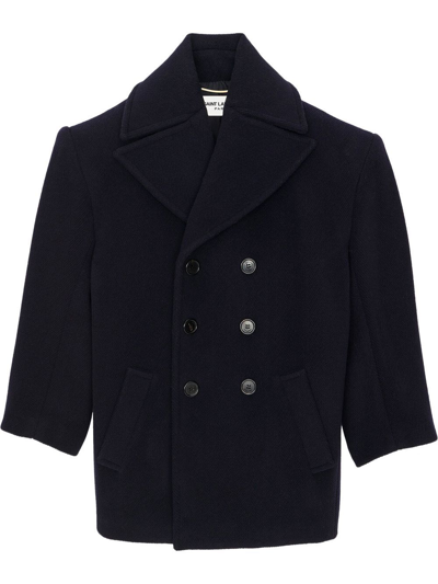 Saint Laurent Double-breasted Wool Coat In Blu