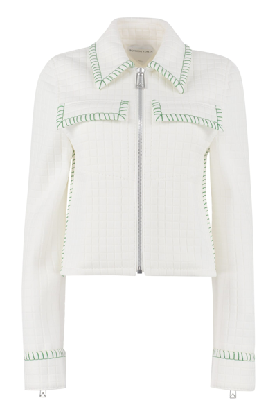 Bottega Veneta Matelass&eacute; Jersey Zip-up Jacket W/ Contrast Topstitching In White,green