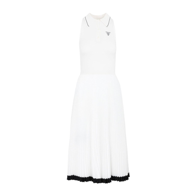 Prada Logo Intarsia Pleated Midi Dress In White