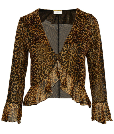 Saint Laurent Ruffled Leopard-print Wool-chiffon Blouse In Multicolor