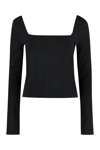 Vince Square Neck Long Sleeve Stretch Cotton Knit Top In Black
