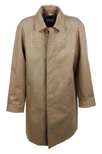 Burberry Kids' Trench Coat With Button Closure In Cotton With Tone-on-tone Lettering Print In Beige