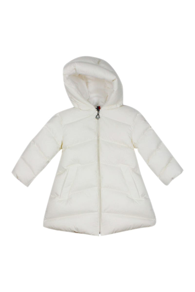 Moncler Kids' Long Down Jacket Pesha In Real Goose Down With Hood And Elastic Waistband In White