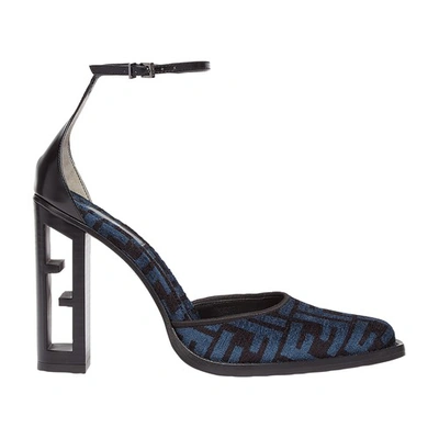 Fendi Beige, High-heeled Ff Chenille Court Shoes In Blu