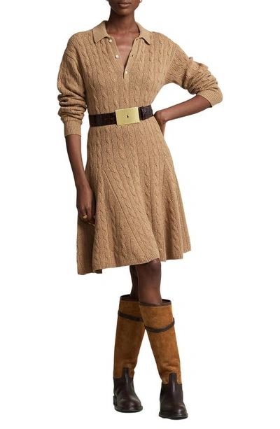 Polo Ralph Lauren Cable Long Sleeve Wool & Cashmere Sweater Dress In Collection Camel Melange