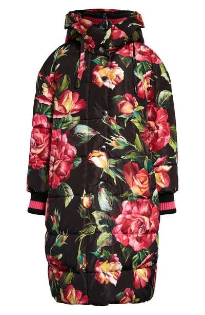 Dolce & Gabbana Floral-printed High-neck Long Coat In Rose Fdo Nero