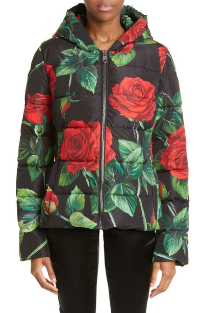 Dolce & Gabbana Multicolor Floral-print Short Down Jacket In Black